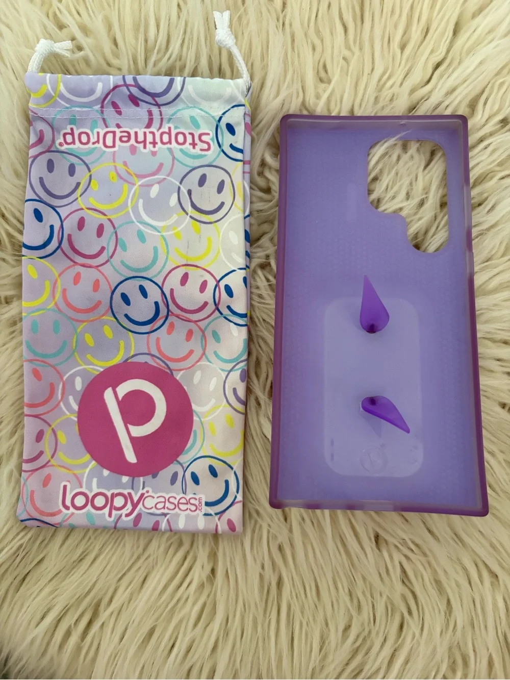 New Galaxy S23 Ultra Smileys Loopy Purple Smiley Faces Anti-Drop Case & Dust Bag
